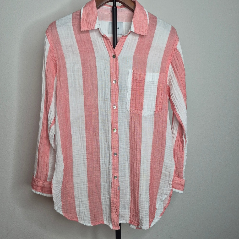 Rails Jaylin Playa Stripe Pink White Organic Cotton Gauze Button Down Shirt M
